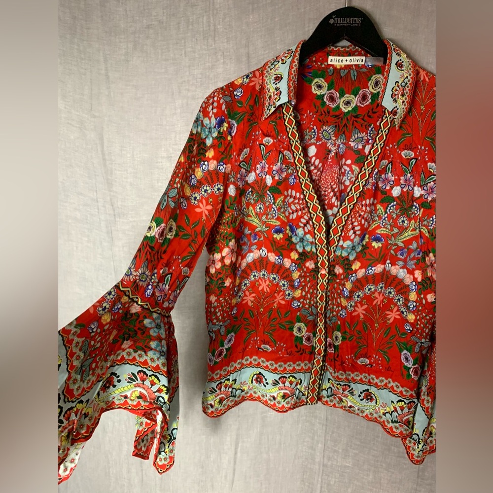 Alice + Olivia Randa Trumpet Sleeve Blouse Wildflower Bright Poppy Red S View 4